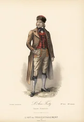 Fato de fantasia de alsaciano para o Ami Fritz (personagem Fritz Kobus do romance de Erckmann-Chatrian). Casaco de equitação, colete de caxemira, cuecas e chapéu de pele. Litografia colorida à mão segundo um desenho de Leon Sault de "L
