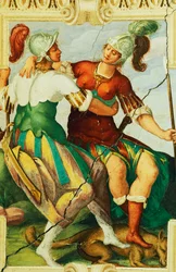 Figuras femininas usando capacetes, detalhe do afresco no Castelo de Manta (século XV), Saluzzo, Piemonte, Itália
