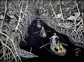 Museu de Belas Artes, Ca Mau Guerrillas By Thai Ha, Gravura em Verniz, Cidade de Ho Chi Minh, Vietnã, 2018