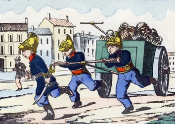 Bombeiros. Gravação em "Alfabeto militante enfantin". Imagem de Pont-a-Mousson, por volta de 1890. 20 páginas. Dim: 28,5x21cm.