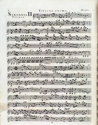 Primeira página da partitura para violino na Sinfonia nº 2 de J Haydn