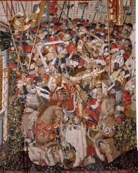 Tapeçaria flamenga. Série "A Guerra de Tróia". A Morte de Aquiles (Muerte de Aquiles). Oitava tapeçaria da série. Modelo Coëtivy Master (Henry ou Conrard de Vulcop). Oficinas de fabricação de Tournai. Ca 1470. Lã e seda de tecido, 6/7 urdiduras por cm. Tam