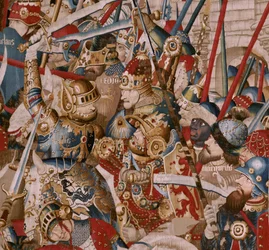 Tapeçaria flamenga. Série "A Guerra de Tróia". Tenda de Aquiles (La Tienda de Aquiles). Sexta tapeçaria da série. Modelo Coëtivy Master (Henry ou Conrard de Vulcop). Oficinas de fabricação de Tournai. Ca 1470. Lã e seda de tecido, 6/7 urdiduras por cm. Tam