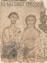 Fragmento de um mosaico de piso: Adão e Eva, entre o final dos anos 400 e o início dos anos 500