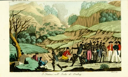 Exploradores franceses desenham nativos na ilha de Ombai (Ombay), Indonésia