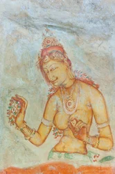 Fresco; mulher descalça com flores; Apsara; Patrimônio Mundial da UNESCO; Sigiriya; Sri Lanka; Ásia