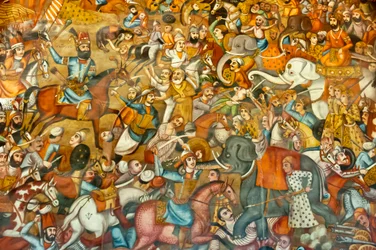 Fresco; batalha; batalha de Nadir Shah na batalha de Karnal; 1739; sobre um cavalo; contra o Sultão Mohammed Shah Gurkani sobre um elefante branco; Chehel Sotoun; Palácio dos Quarenta Pilares; Isfahan; Irão; Ásia