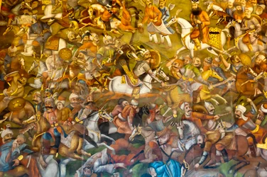 Fresco; batalha de Chaldiran contra o sultão otomano Selim I; 1514; Chehel Sotoun; Palácio das Quarenta Colunas; Isfahan; Irão; Ásia