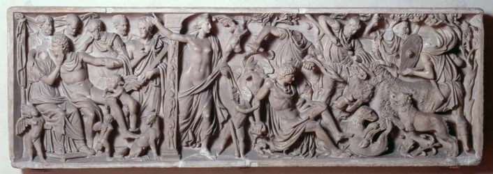 Frente de um sarcófago que retrata a morte de Adónis, romano, século II (mármore)
