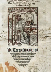 Frontispício das comédias do poeta cômico Terence (Publius Terentius Aferer) (190-145 a.C.). O autor é representado.