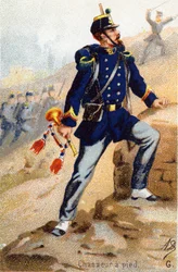 G: Caçador de pés. Gravura em "Alfabeto Militar" . Iniciais do Ilustrador: A. D. Editora desconhecida. Cromolitógrafos do final do século XIX. Dim: 10,5x7cm .