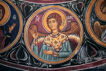 Gabriel Archangel Medallion around Christ and the Last Judgement Detail of the Byzantine fresco da abóbada de Narthex da igreja de Asinou Last judgement scene 14th century (1332) UNESCO, património cultural mundial região de Troodos, Chipre