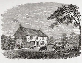Local de nascimento de George Stephenson. Uma casa de campo em pedra do século XVIII, residência de George Stephenson, Wylam, Northumberland, Inglaterra, aqui vista no século XIX. De Great Engineers, publicado c. 1890