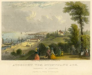 Alemanha, Hamburgo, Elbhoehe, vista do Stintfang para o rio Elba, gravura em metal aço colorido antiga de A. H. Payne, Leipzig, publicada por G. W. Niemeyer, cerca de 1850