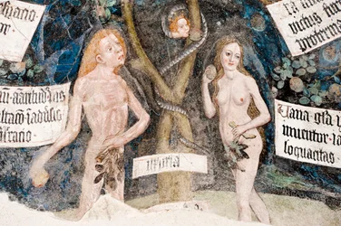 Afresco gótico; Adão e Eva pecando; com a cobra; 8. Claustro; Catedral; Brixen; Tirol do Sul; Itália; Europa