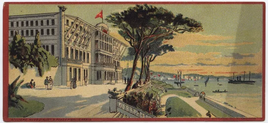 Grandes hotéis: vista exterior do Palácio de Verão Therapia em Constantinopla, na Turquia - Mapa de uma série que apresenta os hotéis da "Compagnie Internationale des Grands Hotels", no final do século XIX - início do século XX