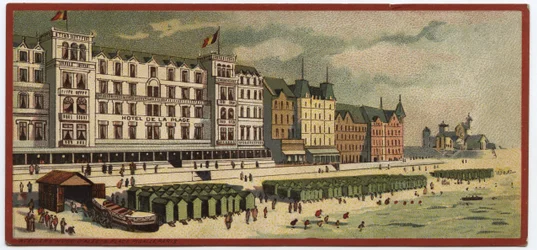 Grandes hotéis: vista exterior do Hotel de la Plage em Ostende, Bélgica - Mapa de uma série que apresenta os hotéis da "Compagnie Internationale des Grands Hotels", finais do século XIX - início do século XX