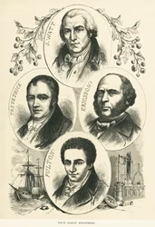 Grandes engenheiros e inventores: James Watt, John Ericsson, Robert Fulton, Richard Trevithick, c.1880