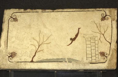 Arte grega: Fresco do Túmulo do Mergulhador, Paestum, região de Campagnie, Itália. Tomba del Tuffatore, mural, parque arqueológico de Paestum, Campânia, Itália