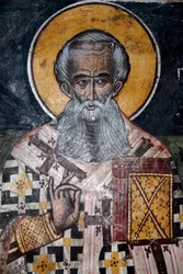 Cristianismo ortodoxo grego; afrescos bizantinos antigos; mural do bispo Nicolau; Igreja de Agios Nikolaos em Petra; Lesbos; Mar Egeu; Grécia; Europa