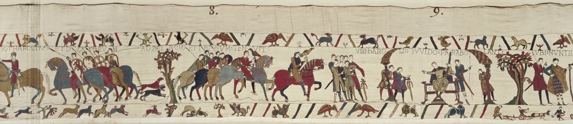 Guy de Ponthieu leva Harold como prisioneiro para o castelo de Beaurain, Bayeux Tapestry (bordado de lã em linho)