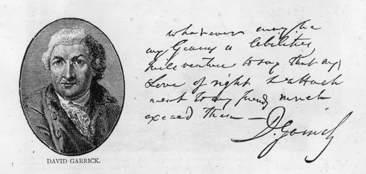 Caligrafia e assinatura de David Garrick (caneta e tinta sobre papel)