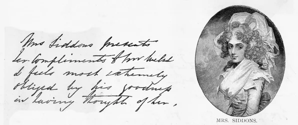 Caligrafia e assinatura da Sra. Siddons (caneta e tinta sobre papel)