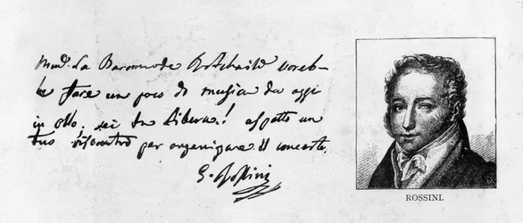 Caligrafia e assinatura de Rossini a partir de uma carta de organização de um concerto para a Baronne de Rothschild (caneta e tinta sobre papel)