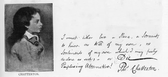Caligrafia e assinatura de Thomas Chatterton de uma carta escrita a William Barrett em resposta às objecções de Barrett à intenção de Chatterton de cometer suicídio