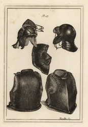 Cabeça ou capacete, placa de peito e peça traseira usados pelo general de cabeça redonda Robert Greville, Lord Brooke, quando morto em Lichfield