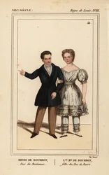 Henrique, Conde de Chambord, Duque de Bordéus 1820-1883 e Louise Marie Therese de Artois, filha do Duque de Berry 1819-1870. Litografia colorida à mão por Madame Calon de Le Bibliophile Jacob aka Paul Lacroix