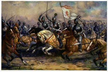 História. França. Guerra dos Cem Anos. O rei João da Boémia (João o Cego) na Batalha de Crecy, 26 de Agosto.