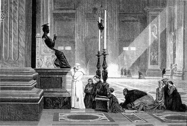 História da Roma Antiga. O Papa Pio IX em oração diante da estátua de São Pedro na Basílica Vaticana Gravura G.Laplant 1867