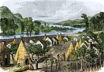 História dos povos indígenas: Aldeia de Mohawk, Nova Iorque, cerca de 1780. Gravura colorida do século XIX.