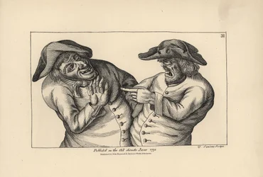 Hodge e Roaf acusam-se mutuamente de deixar um pote de mijo no lugar de um jarro de cerveja. Gravura em talhe-doce de Thomas Sanders a partir de uma ilustração satírica de Timothy Bobbin (John Collier) (1708-1786) de Human Passions Delineated, John Haywood