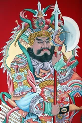 Hoi Tuong Te Nguoi Hoa templo budista chinês. Pinturas da figura do guardião no portão. Phu Quoc. Vietnã.