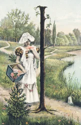 E: Uma mulher de vestido, avental e touca segura uma cesta no braço direito. Decoração do campo - Alfabeto caracteres Ref Th. E., L. Theochrom - Serie 994. Theodor Eisman, editor, Leipzig
