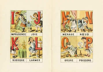 I : imprudência ; J : alegria ; K : quiosque ; L : lágrimas ; M N O P : menagem, nÏud, ordre, poissons - Gravura tirada do ABCD des petites filles. Pellerin & Cie, editora de impressoras, Epinal, por volta de 1890. Série A. Dimensões : 19 x 13,5 cm.