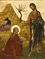 Ícone na catedral melquita de Haifa: Maria Madalena com Cristo ressuscitado, Haifa, Israel