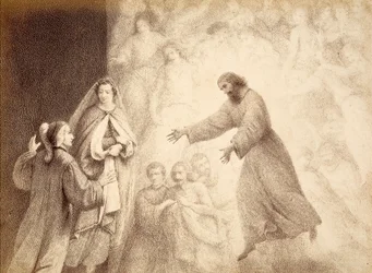 Na Esfera de Marte, Dante encontra o espírito do seu antepassado Cacciaguida. Ilustração do Canto XV do Paradiso de A Divina Comédia de Dante Alighieri. Obra de Franceso Scaramuzza dedicada ao Município de Florença.