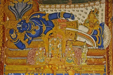 Índia, Tamil Nadu, Srirangam, Sri Ranganathasvami Templo Hindu (origem do século X), pintura mural de Vishnu.