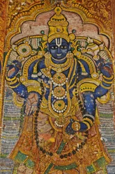 Índia, Tamil Nadu, Srirangam, Sri Ranganathasvami Templo Hindu (origem do século X), pintura mural de Vishnu.