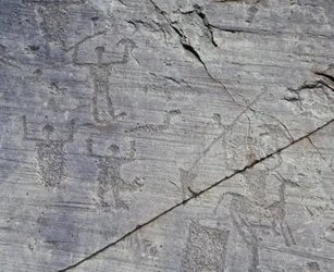 Itália, região da Lombardia, Valcamonica, grande plano de desenhos rupestres no Parque Nacional de Naquane
