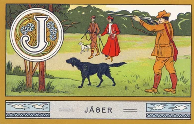 J: Jager - Alfabeto Palmin. Série de cromolitógrafos publicada por H. Schlinck & Cie, Hamburg, n.d. . Anúncio para Palmin feinstes Cocosfett. Tamanho : 7 x 11 cm