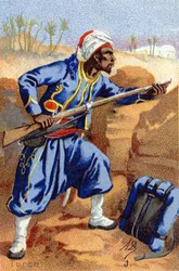 J: Turco. Gravura em "Alfabeto Militar" . Iniciais do Ilustrador: A. D. Editora desconhecida. Cromolitógrafos do final do século XIX. Dim: 10,5x7cm .