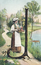J: Uma mulher de saia comprida, avental e blusa carrega uma cesta de flores. Decoração do campo - Alfabeto caracteres Ref Th. E., L. Theochrom - Serie 994. Theodor Eisman, editor, Leipzig