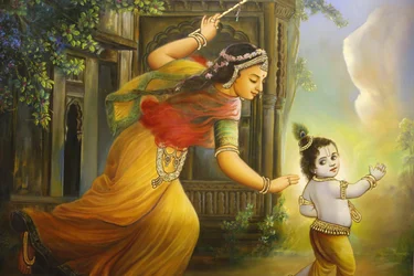 Jalaram Prathna templo hindu, Leicester. Fresco. Yashoda e Krishna. Reino Unido.