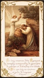 Jesus ajoelhado em oração no Jardim do Getsêmani, um anjo apresentando-lhe um cálice. Início do século 20 (cartão postal)