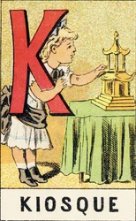 K : Quiosque - Gravura extraída de ABCD des petites filles. Pellerin & Cie, editora de impressoras, Epinal, por volta de 1890. Série A. Dimensões : 19 x 13,5 cm.