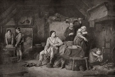 O rei Alfredo na casa de campo de Neatherd. Alfredo, o Grande, c.848 899. A lenda conta que, quando Alfred fugiu para os níveis de Somerset, foi abrigado por uma camponesa que, desconhecendo a sua identidade, o deixou a ver uns bolos que tinha